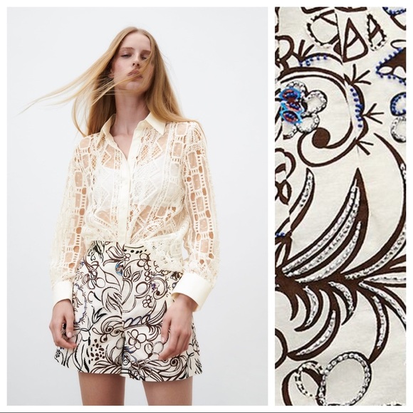 NWOT. Zara Cream/Ecru Printed Jewel High Waisted Shorts. Size S. - Picture 2 of 7
